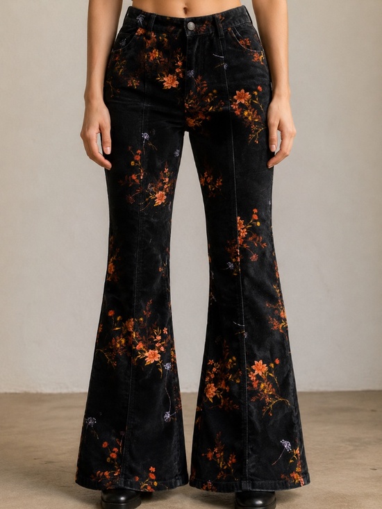 Forever 21 Pants - Forever 21 Velvet Floral Flare Pants | 70s Boho Vibes | Medium